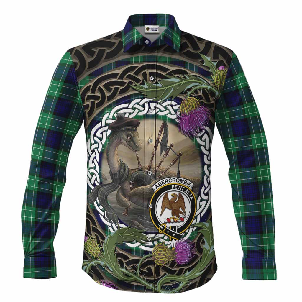 Abercrombie Tartan Crest Bagpipe Nessie Long Sleeve Button Shirts Scottish Loch Ness Monster Celtic Thistle