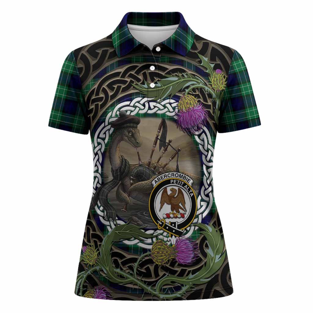 Abercrombie Tartan Crest Bagpipe Nessie Women Polo Shirt Scottish Loch Ness Monster Celtic Thistle