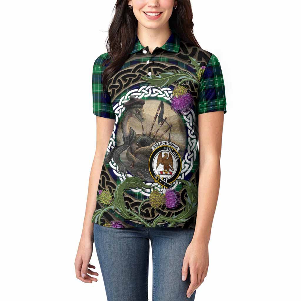 Abercrombie Tartan Crest Bagpipe Nessie Women Polo Shirt Scottish Loch Ness Monster Celtic Thistle