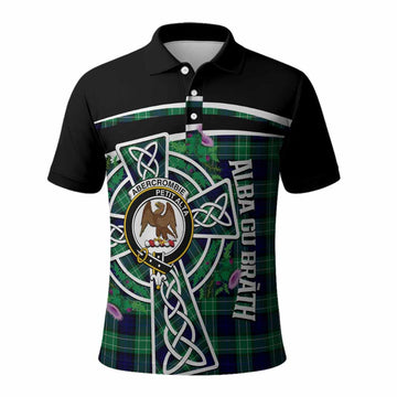 Abercrombie Tartan Crest Polo Shirt Scottish Thistle Celtic Cross Alba Gu Brath
