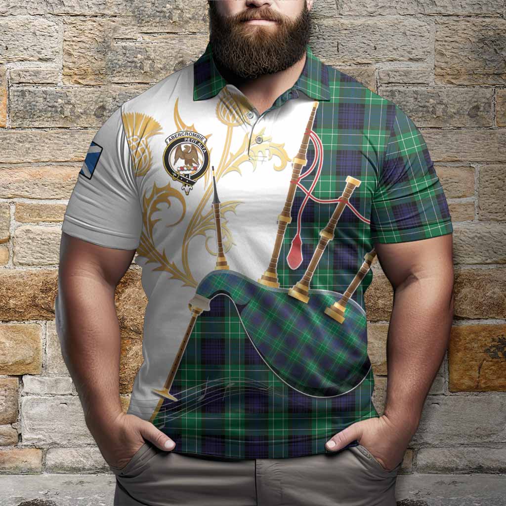Abercrombie Tartan Family Crest Polo Shirt Bagpipes with Scottish Thistle