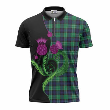 Abercrombie Tartan Zipper Polo Shirt Traditional Scottish Thistle