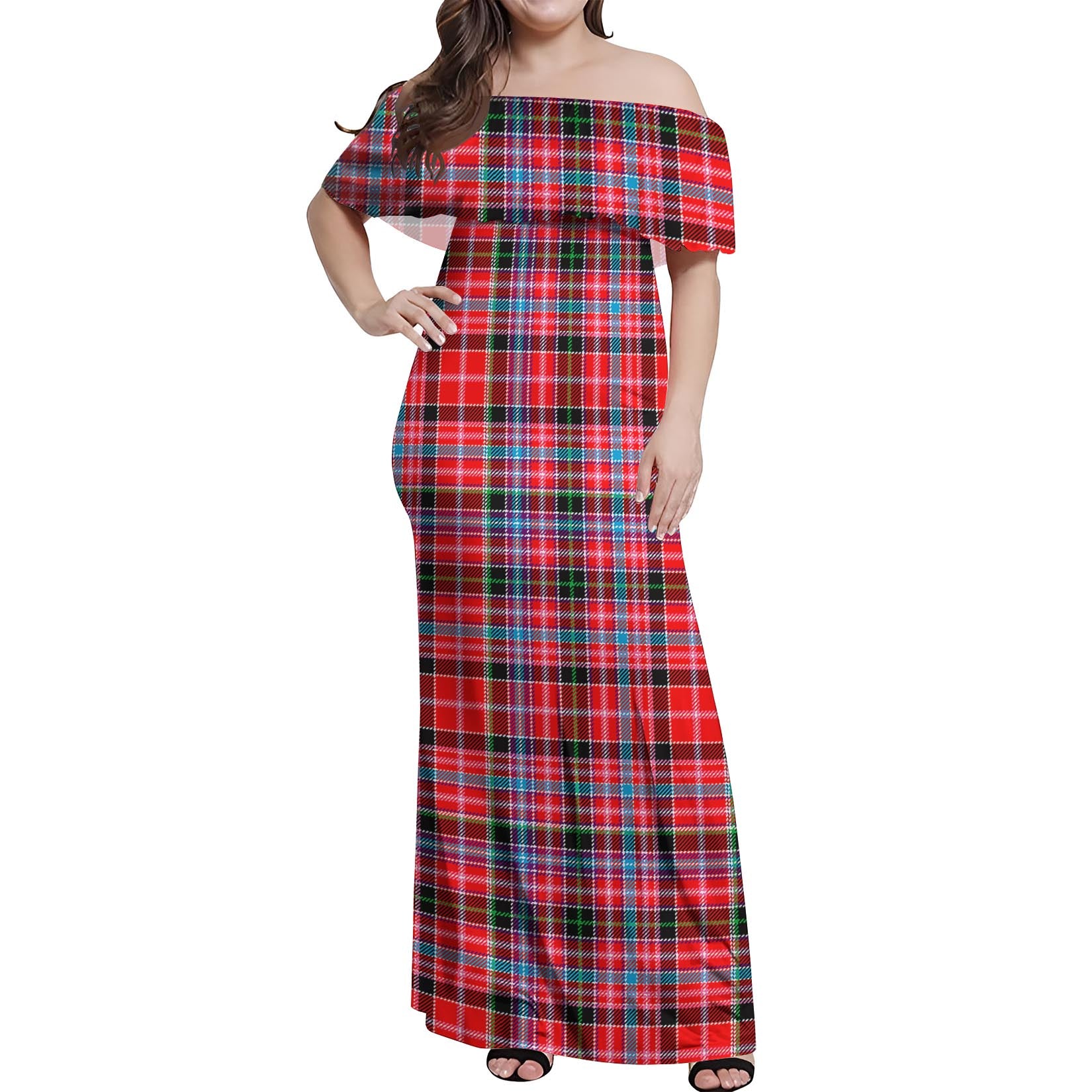 Aberdeen District Tartan Off Shoulder Long Dress Women's Dress - Tartanvibesclothing