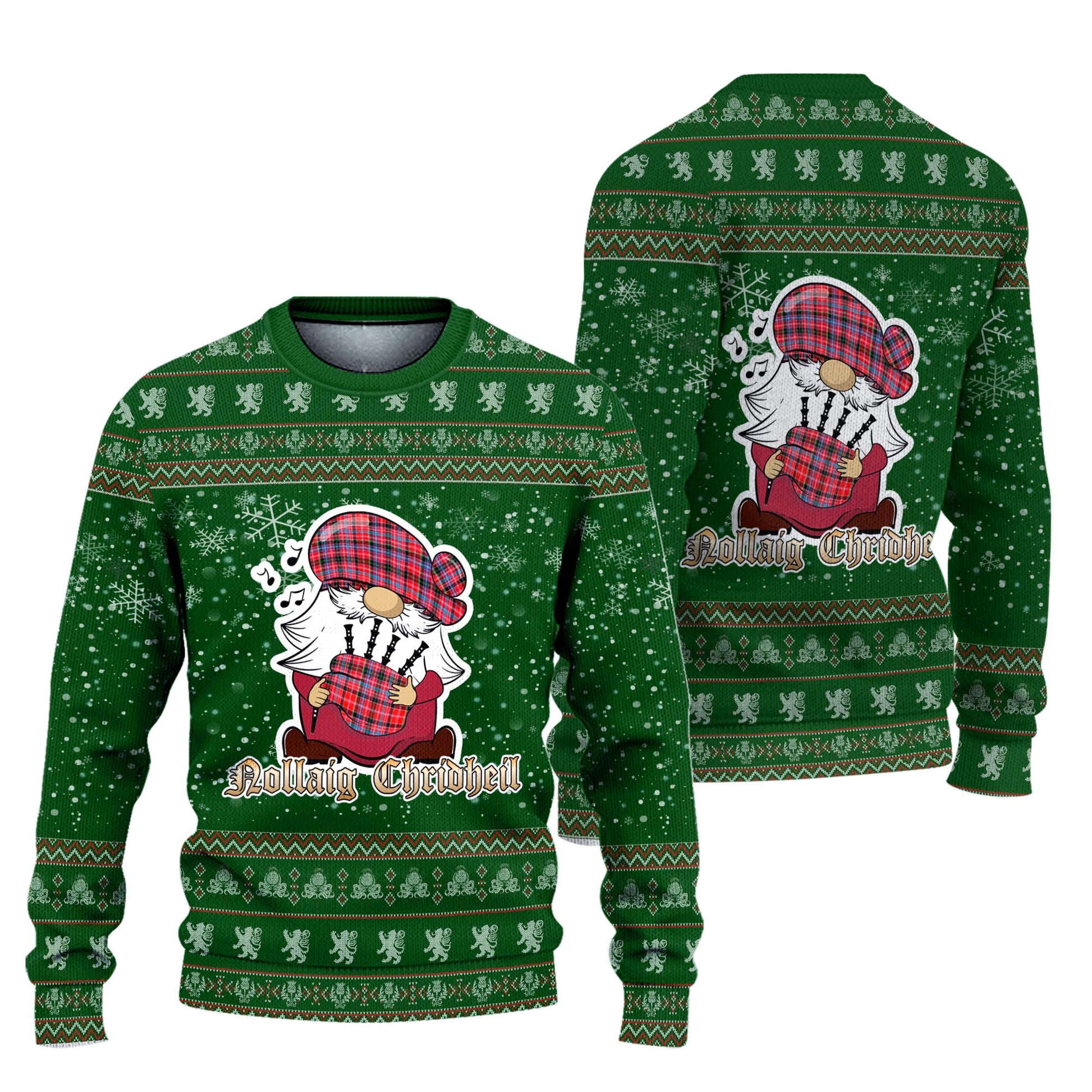 Aberdeen District Clan Christmas Family Knitted Sweater with Funny Gnome Playing Bagpipes Unisex Green - Tartanvibesclothing