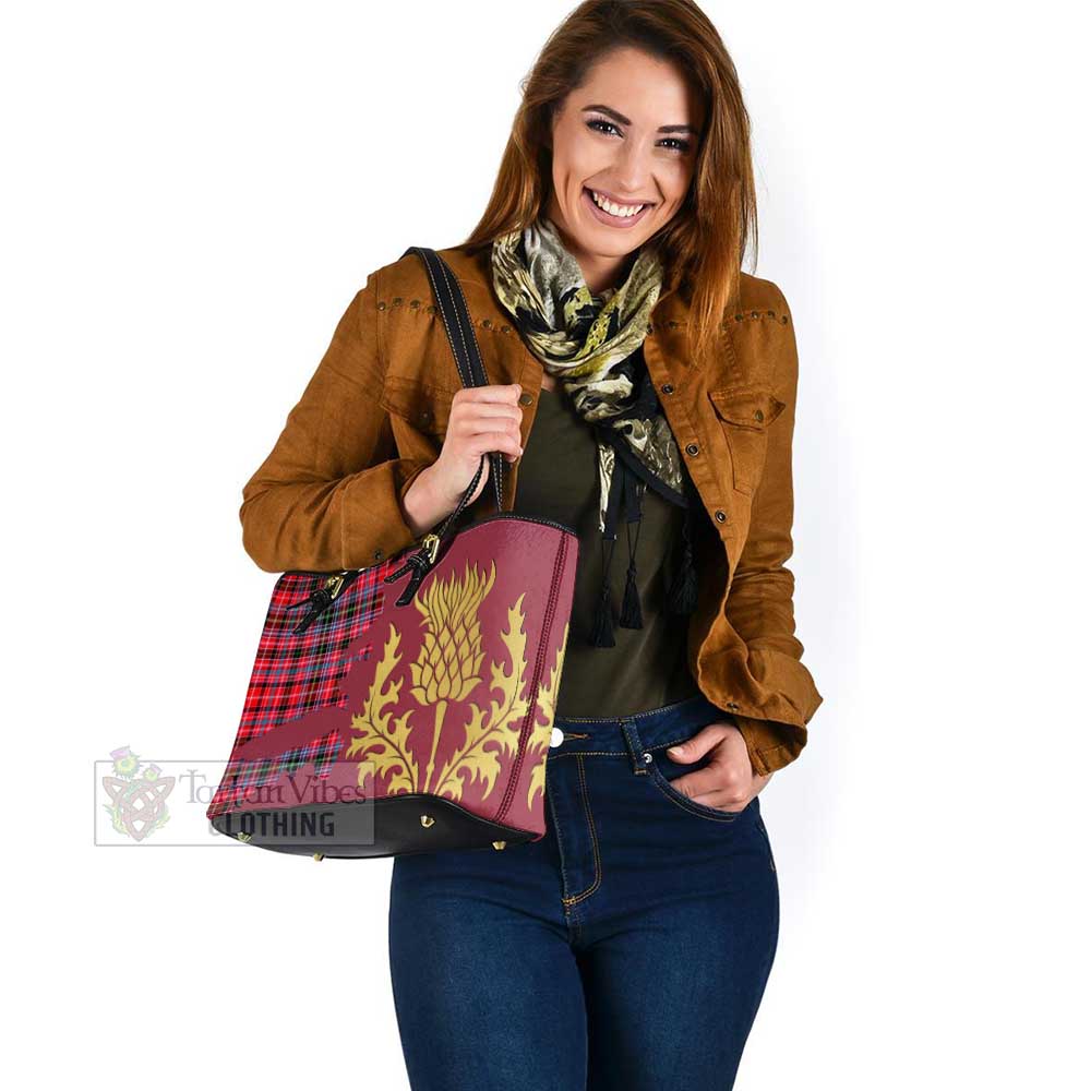 Tartan Vibes Clothing Aberdeen District Tartan Leather Tote Bag Gold Thistle Style