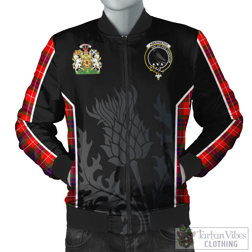 Abernethy Tartan Bomber Jacket with Family Crest and Scottish Thistle Vibes Sport Style Unisex Black - Tartan Vibes Clothing