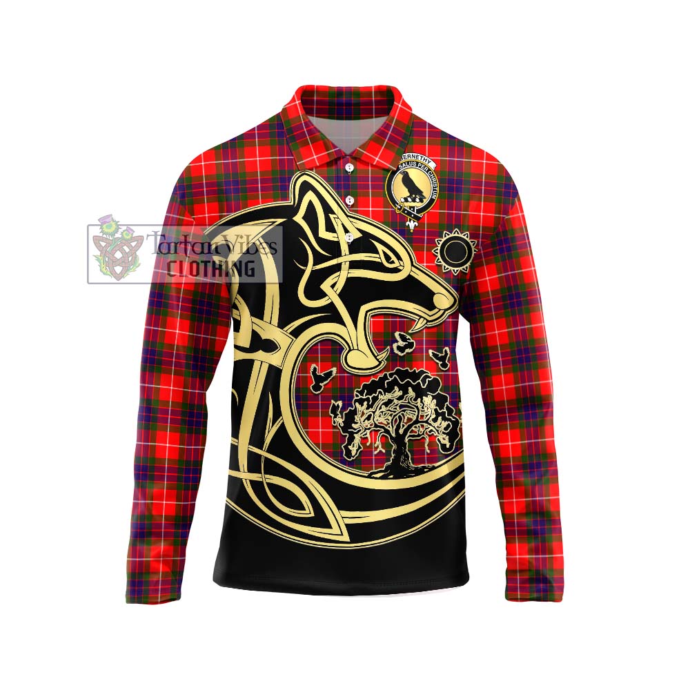 Abernethy Tartan Long Sleeve Polo Shirt with Family Crest Celtic Wolf Style Unisex - Tartan Vibes Clothing