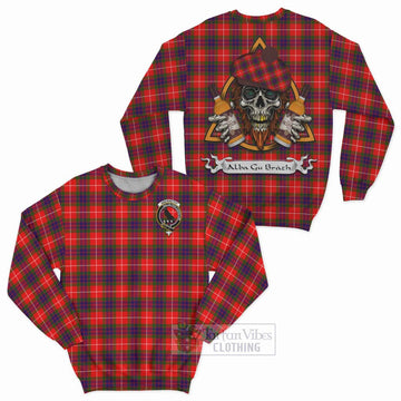 Abernethy Tartan Sweatshirt with Family Crest and Bearded Skull Holding Bottles of Whiskey Unisex - Tartan Vibes Clothing