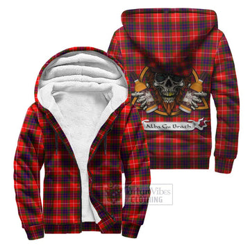 Tartan Vibes Clothing Abernethy Tartan Sherpa Hoodie with Family Crest and Bearded Skull Holding Bottles of Whiskey