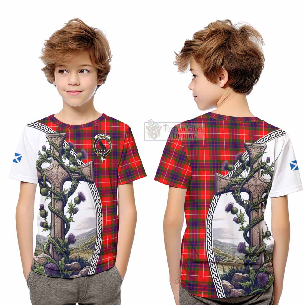Tartan Vibes Clothing Abernethy Tartan Kid T-Shirt with Family Crest and St. Andrew's Cross Accented by Thistle Vines