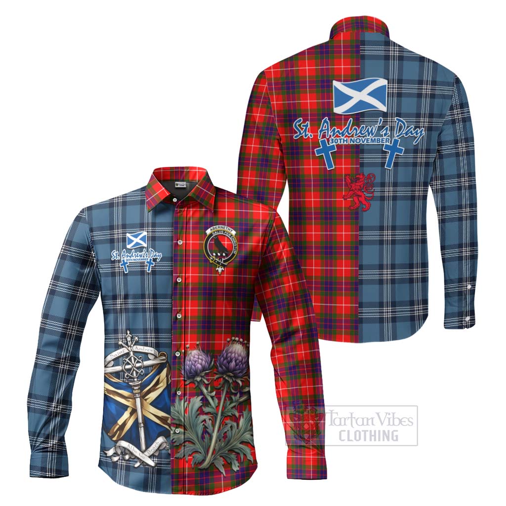 Abernethy Tartan Long Sleeve Button Shirt Happy St. Andrew's Day Half Tartan Style Men's Shirt S - Tartan Vibes Clothing