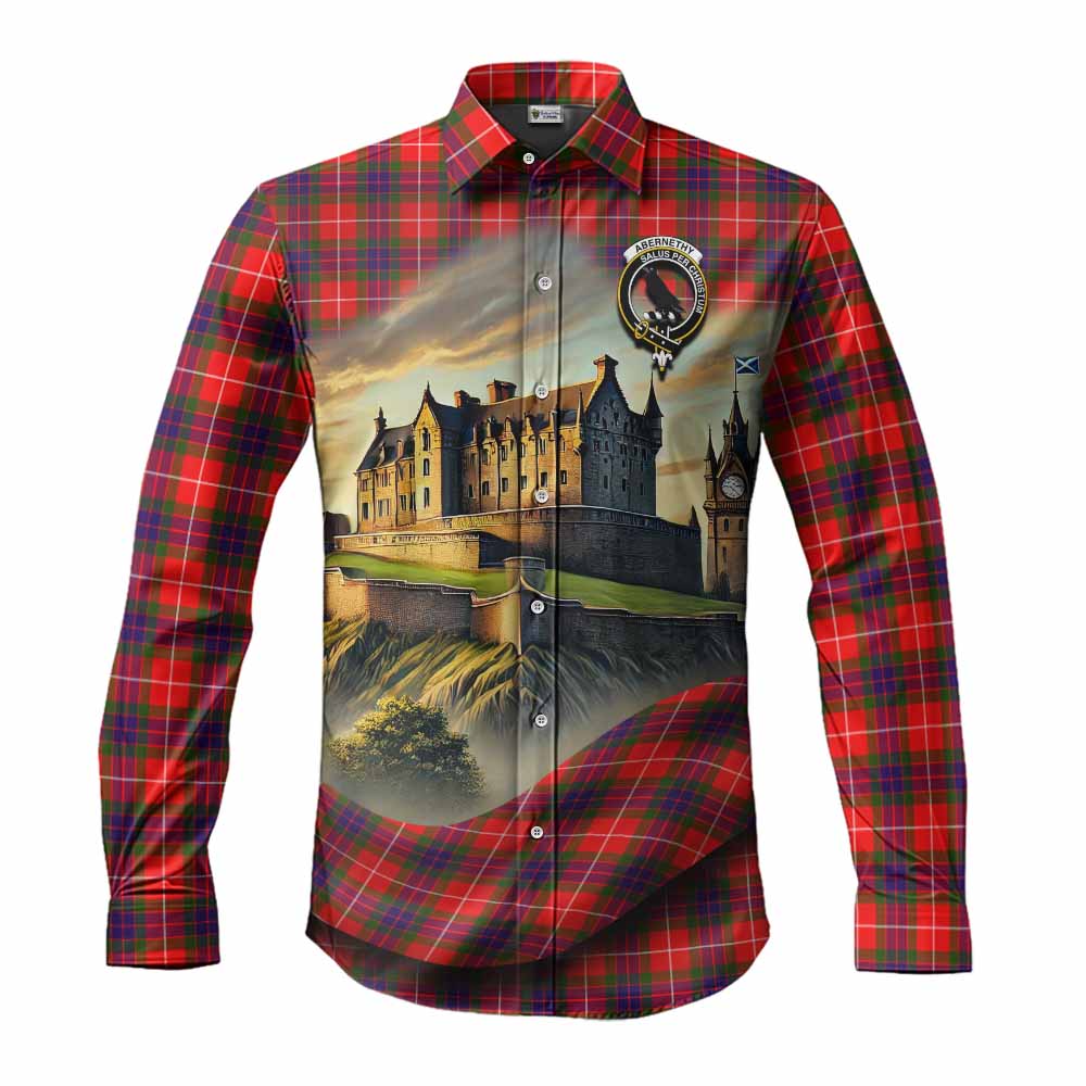 Tartan Vibes Clothing Abernethy Tartan Family Crest Long Sleeve Button Shirt with Scottish Ancient Castle Style