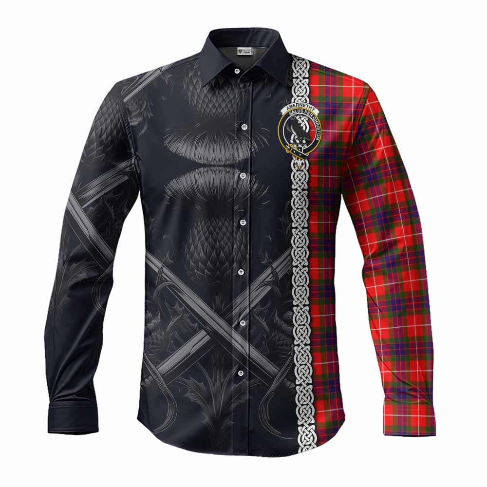 Tartan Vibes Clothing Abernethy Tartan Long Sleeve Button Shirt with Family Crest Cross Sword Thistle Celtic Vibes