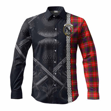 Tartan Vibes Clothing Abernethy Tartan Long Sleeve Button Shirt with Family Crest Cross Sword Thistle Celtic Vibes