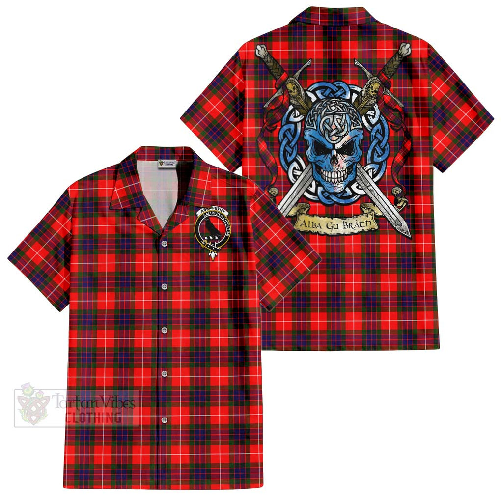 Tartan Vibes Clothing Abernethy Tartan Short Sleeve Button Shirt with Family Crest Celtic Skull Style