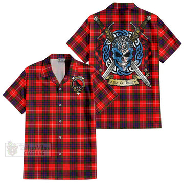 Tartan Vibes Clothing Abernethy Tartan Short Sleeve Button Shirt with Family Crest Celtic Skull Style