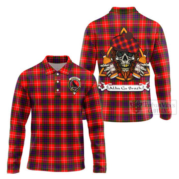Abernethy Tartan Long Sleeve Polo Shirt with Family Crest and Bearded Skull Holding Bottles of Whiskey Unisex - Tartan Vibes Clothing