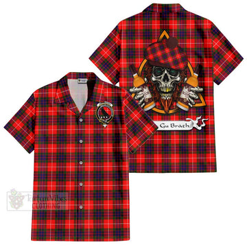 Tartan Vibes Clothing Abernethy Tartan Short Sleeve Button Shirt with Family Crest and Bearded Skull Holding Bottles of Whiskey