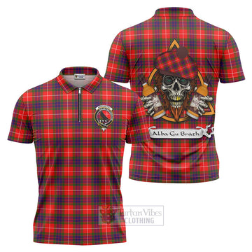 Tartan Vibes Clothing Abernethy Tartan Zipper Polo Shirt with Family Crest and Bearded Skull Holding Bottles of Whiskey