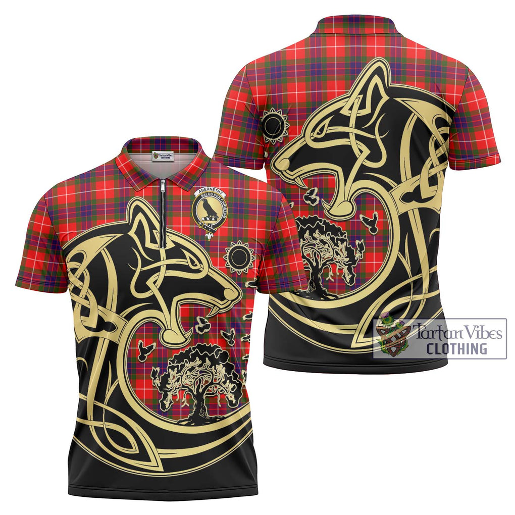Abernethy Tartan Zipper Polo Shirt with Family Crest Celtic Wolf Style Unisex - Tartan Vibes Clothing