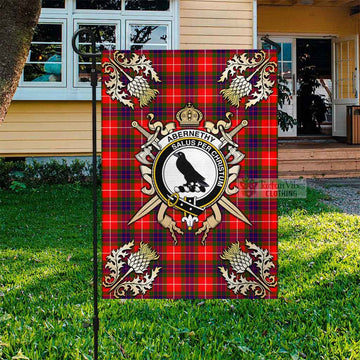 Abernethy Tartan Garden Flag with Family Crest and Golden Thistle Crossed Sword Design