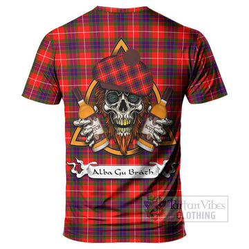 Abernethy Tartan T-Shirt with Family Crest and Bearded Skull Holding Bottles of Whiskey - Tartan Vibes Clothing