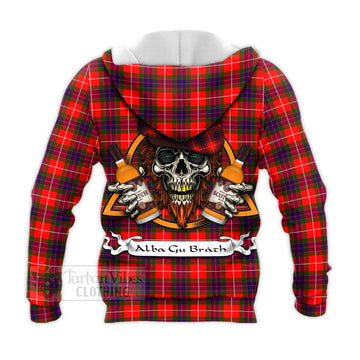 Tartan Vibes Clothing Abernethy Tartan Knitted Hoodie with Family Crest and Bearded Skull Holding Bottles of Whiskey
