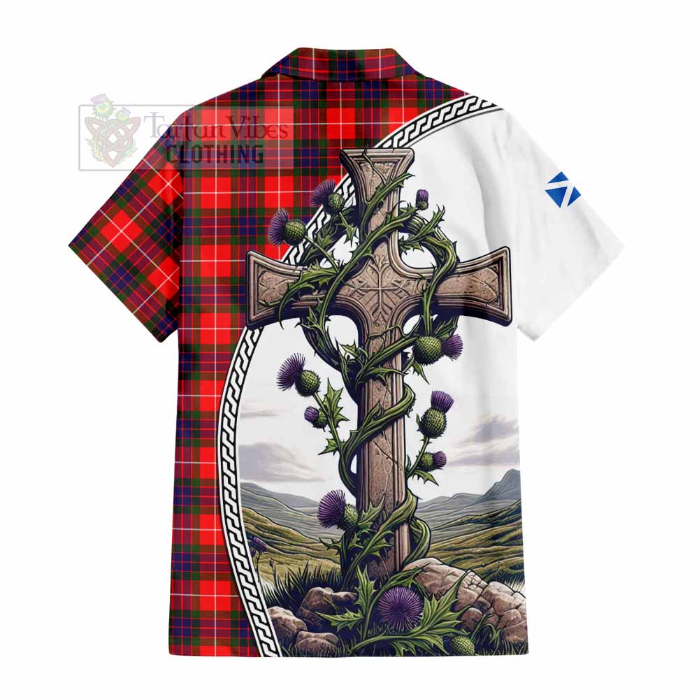 Abernethy Tartan Hawaiian Shirt with Family Crest and St. Andrew's Cross Accented by Thistle Vines - Tartan Vibes Clothing