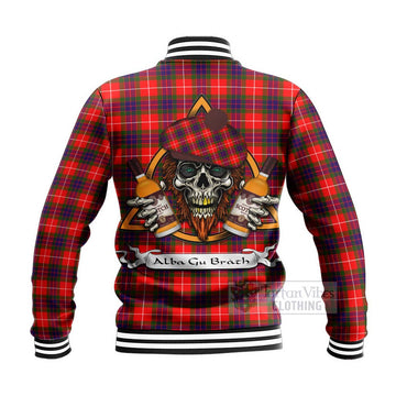 Abernethy Tartan Baseball Jacket with Family Crest and Bearded Skull Holding Bottles of Whiskey - Tartan Vibes Clothing