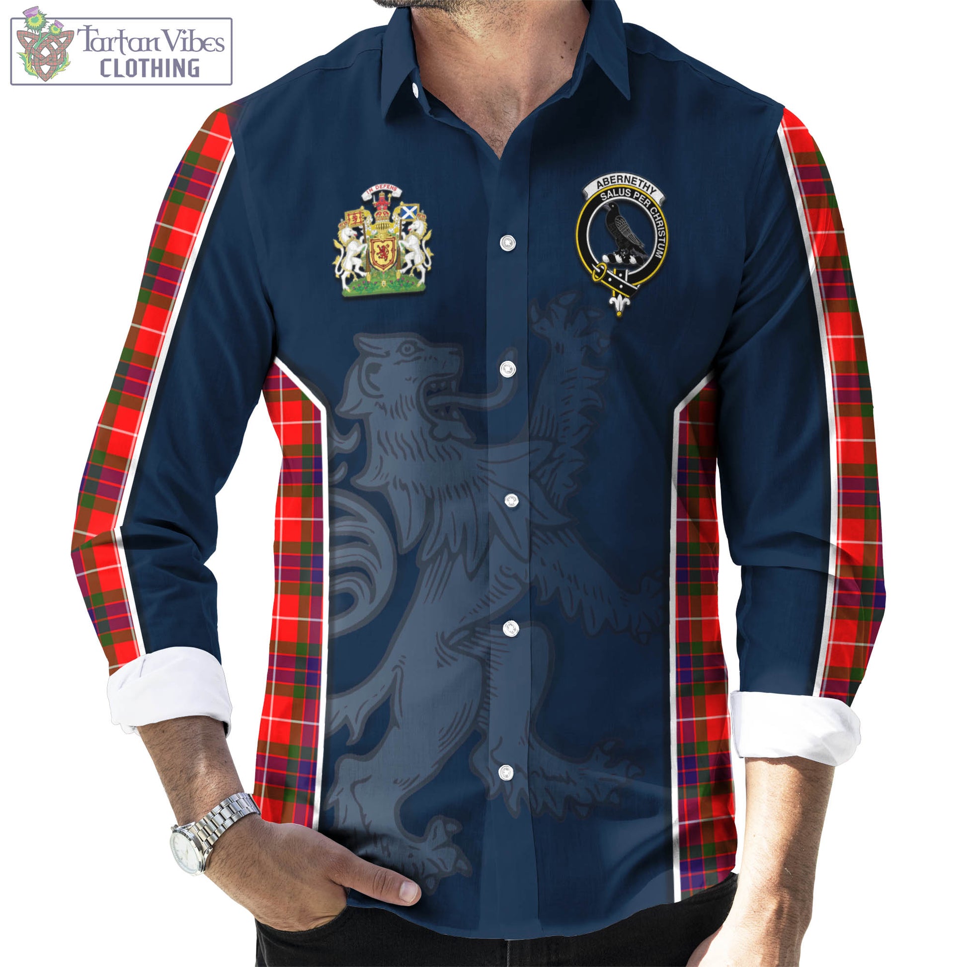 Tartan Vibes Clothing Abernethy Tartan Long Sleeve Button Up Shirt with Family Crest and Lion Rampant Vibes Sport Style
