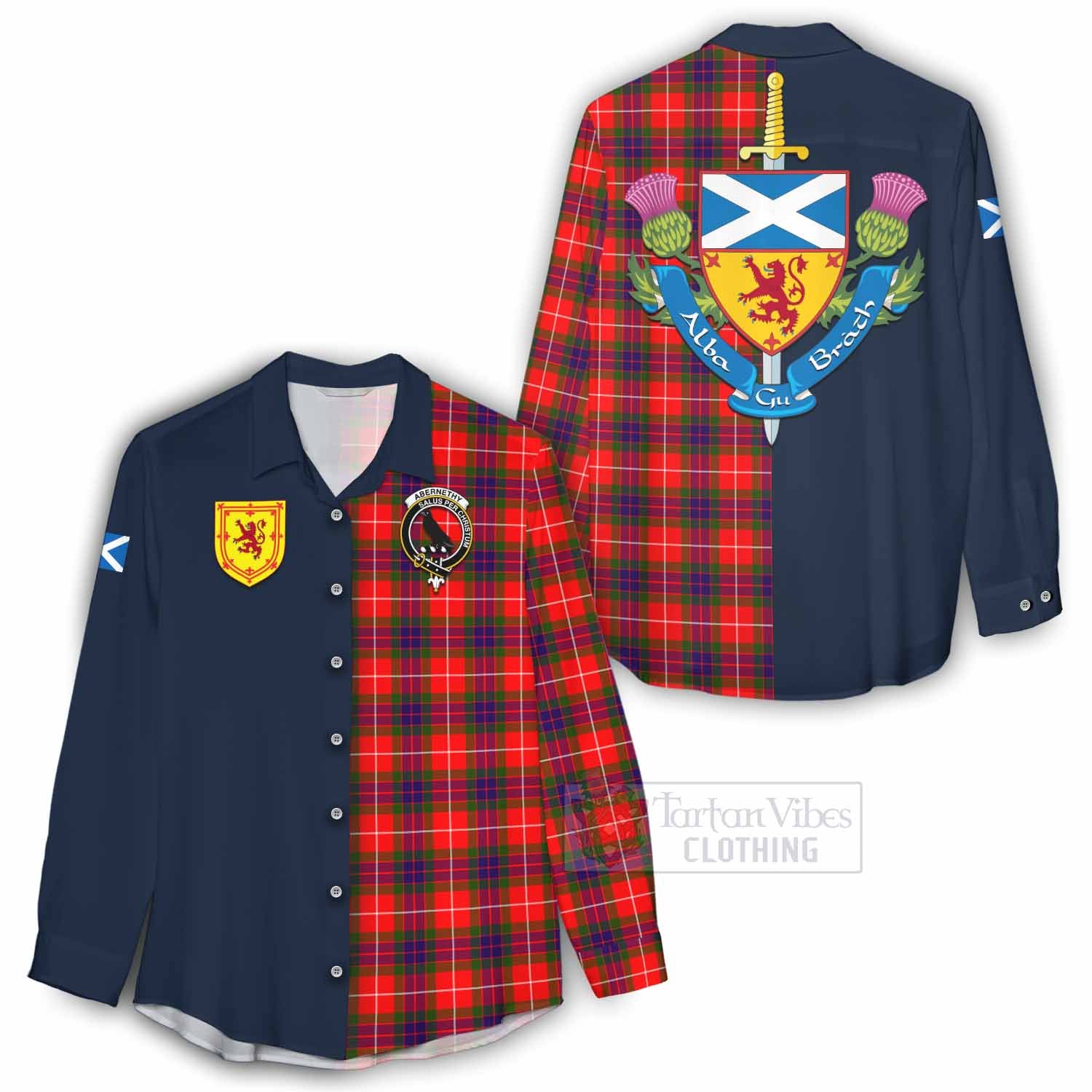 Abernethy Tartan Women's Casual Shirt Alba with Scottish Lion Royal Arm Half Style - Tartan Vibes Clothing