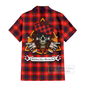Tartan Vibes Clothing Abernethy Tartan Short Sleeve Button Shirt with Family Crest and Bearded Skull Holding Bottles of Whiskey