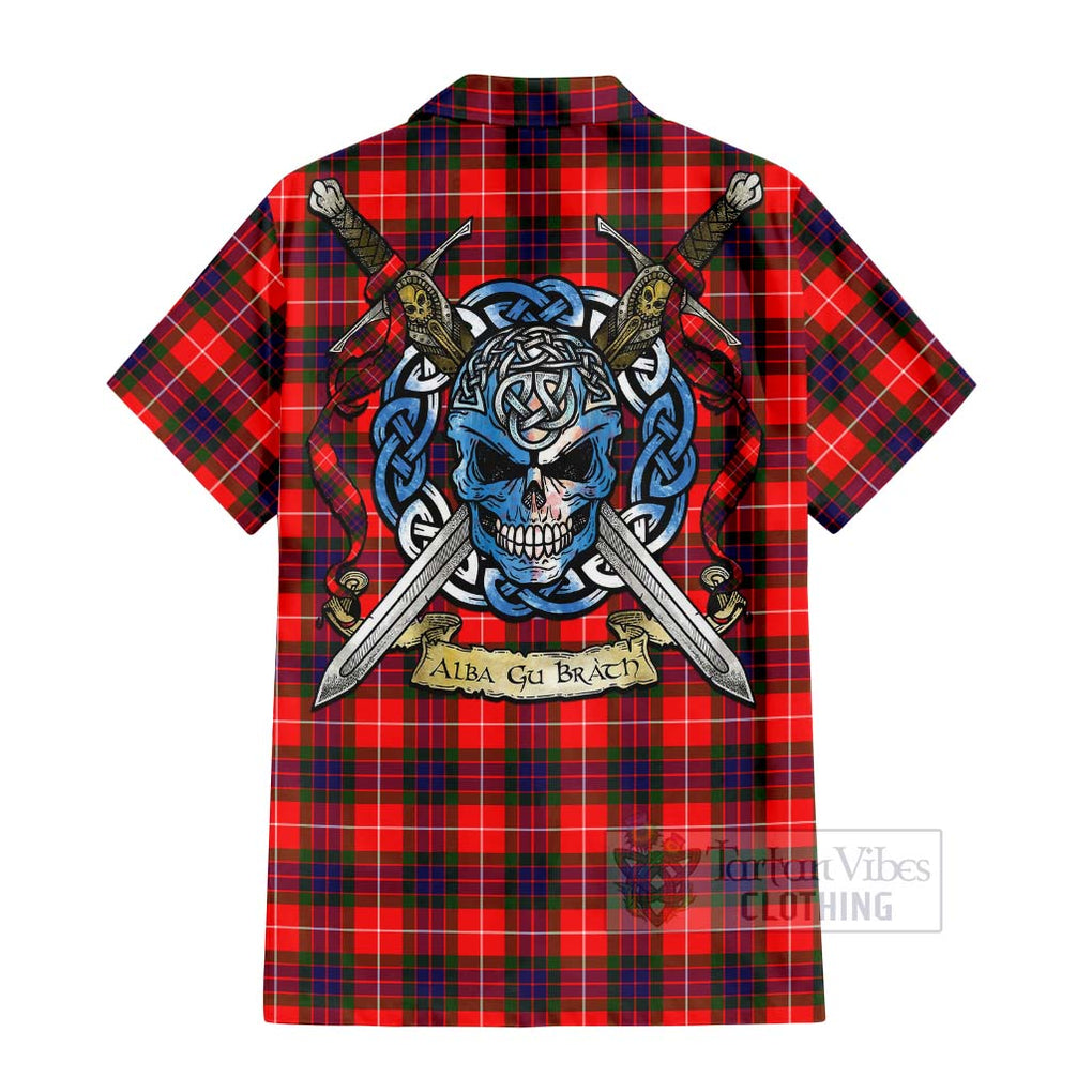 Tartan Vibes Clothing Abernethy Tartan Short Sleeve Button Shirt with Family Crest Celtic Skull Style