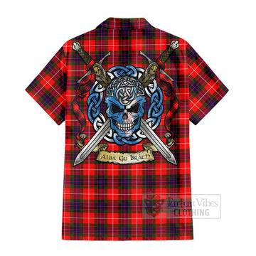 Tartan Vibes Clothing Abernethy Tartan Short Sleeve Button Shirt with Family Crest Celtic Skull Style