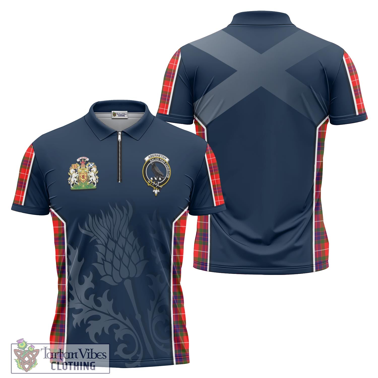 Tartan Vibes Clothing Abernethy Tartan Zipper Polo Shirt with Family Crest and Scottish Thistle Vibes Sport Style
