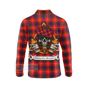 Abernethy Tartan Long Sleeve Polo Shirt with Family Crest and Bearded Skull Holding Bottles of Whiskey - Tartan Vibes Clothing