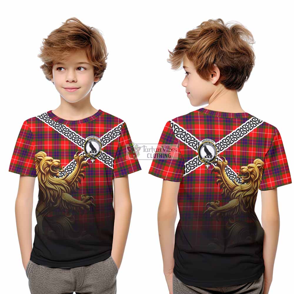 Tartan Vibes Clothing Abernethy Crest Tartan Kid T-Shirt with Golden Lion Emblem Celtic Style