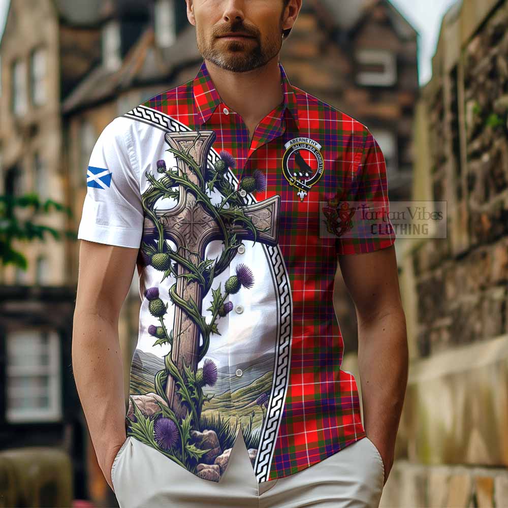 Abernethy Tartan Hawaiian Shirt with Family Crest and St. Andrew's Cross Accented by Thistle Vines - Tartan Vibes Clothing