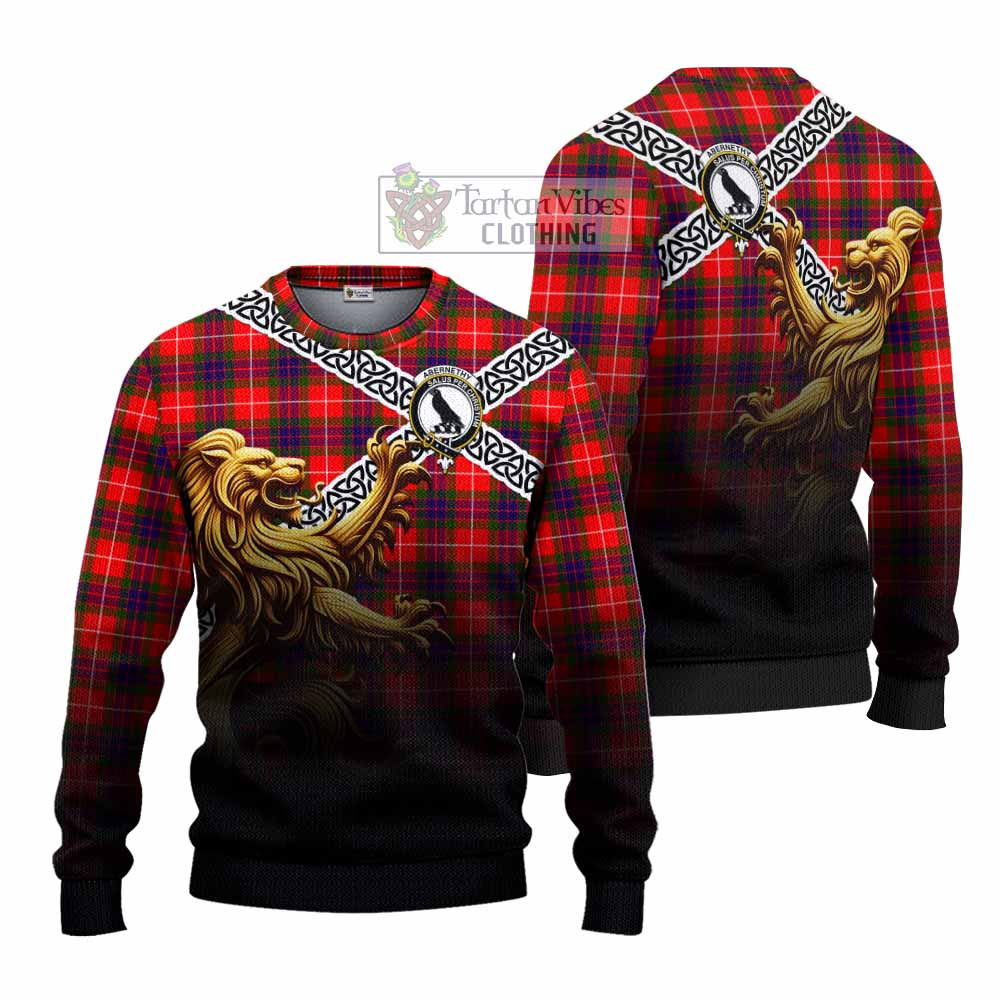 Tartan Vibes Clothing Abernethy Crest Tartan Knitted Sweater with Golden Lion Emblem Celtic Style