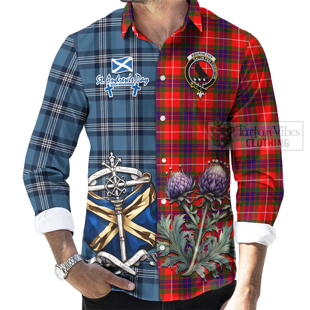 Abernethy Tartan Long Sleeve Button Shirt Happy St. Andrew's Day Half Tartan Style - Tartan Vibes Clothing