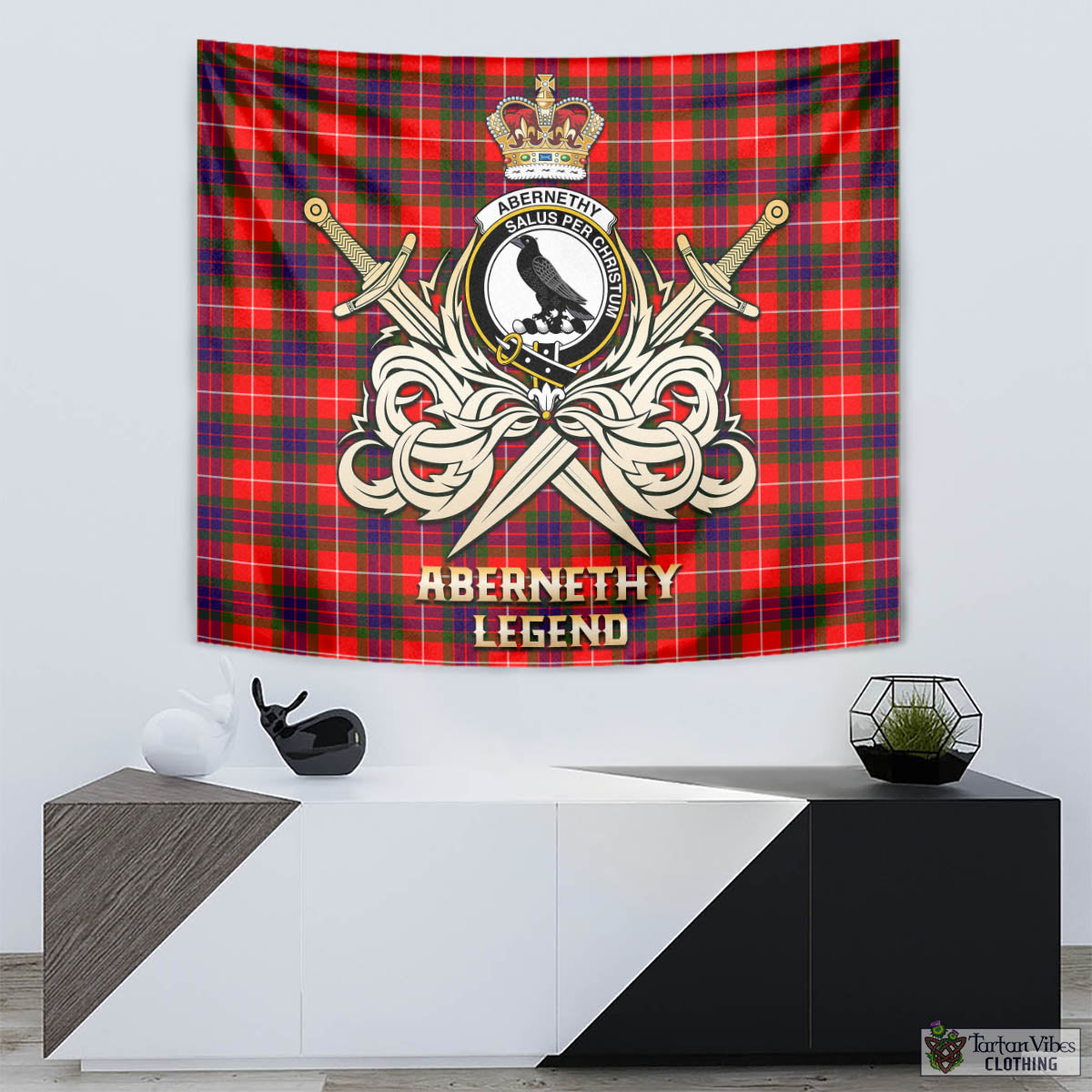 Tartan Vibes Clothing Abernethy Tartan Tapestry with Clan Crest and the Golden Sword of Courageous Legacy
