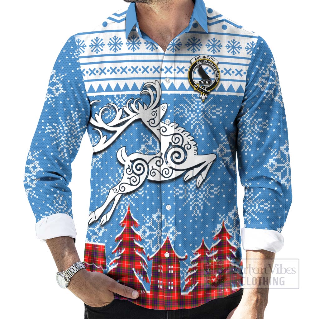 Abernethy Clan Christmas Long Sleeve Button Shirt Celtic Reindeer Style - Tartan Vibes Clothing