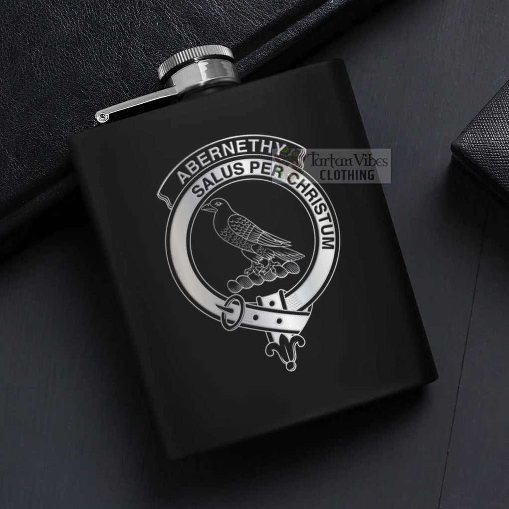Tartan Vibes Clothing Abernethy Crest Hip Flask Set 7oz Black Stainless Steel with A Gift Box
