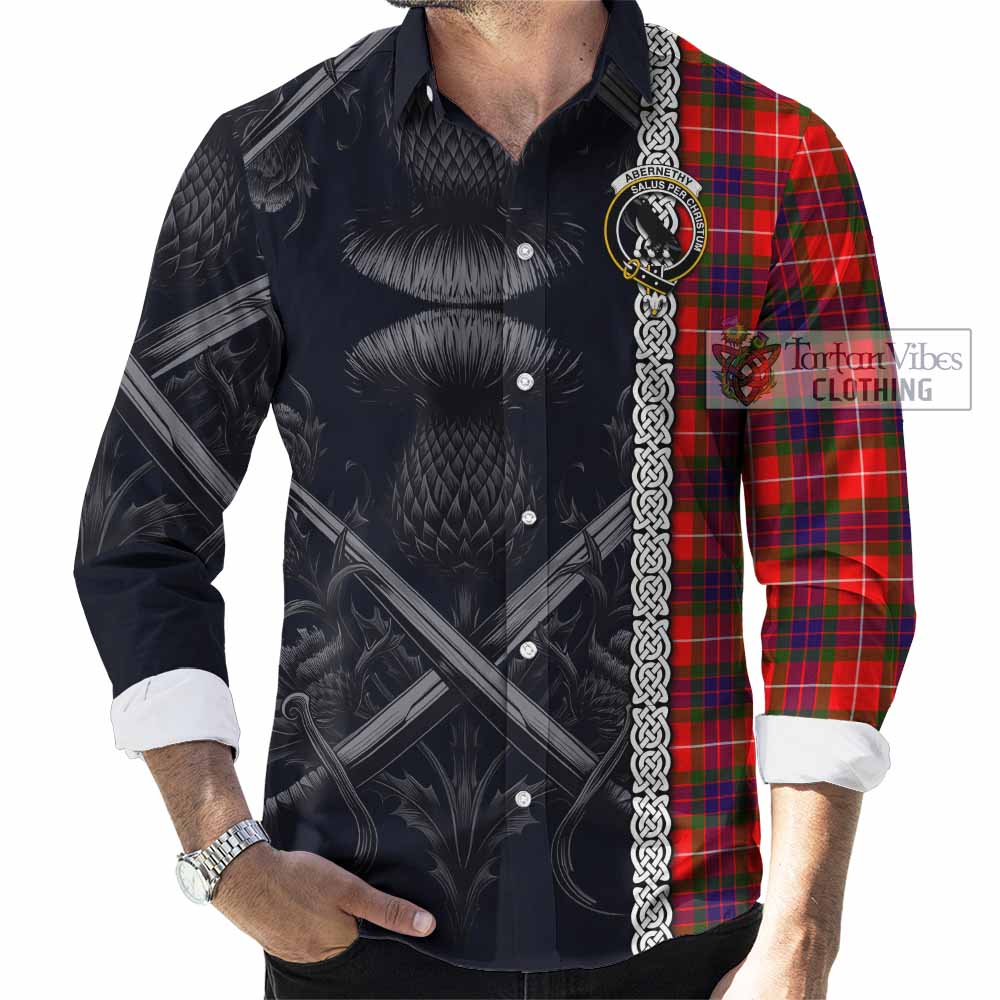 Tartan Vibes Clothing Abernethy Tartan Long Sleeve Button Shirt with Family Crest Cross Sword Thistle Celtic Vibes