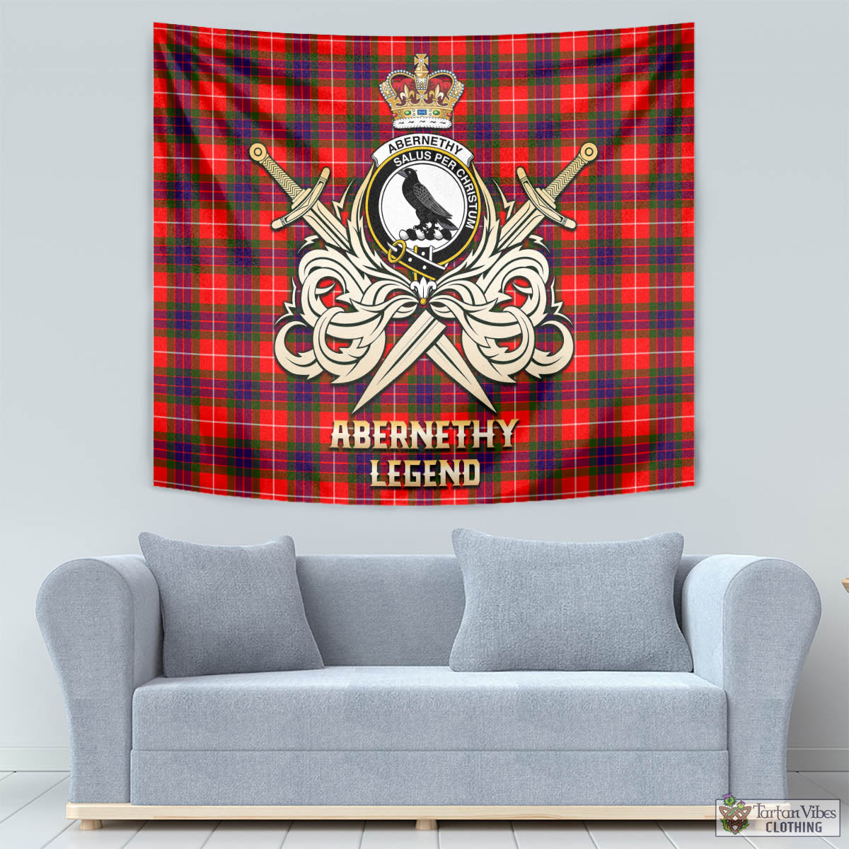 Tartan Vibes Clothing Abernethy Tartan Tapestry with Clan Crest and the Golden Sword of Courageous Legacy
