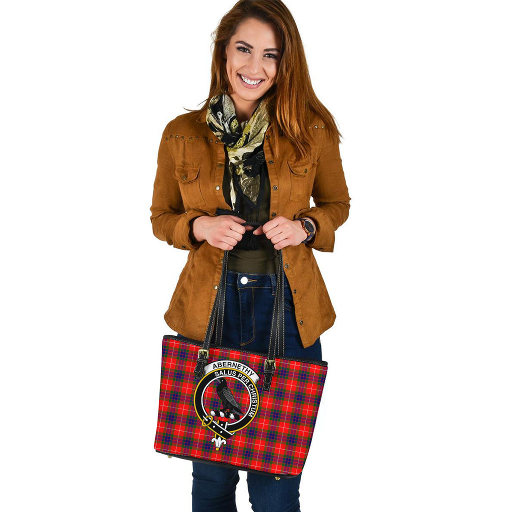 Abernethy Tartan Leather Tote Bag with Family Crest - Tartanvibesclothing