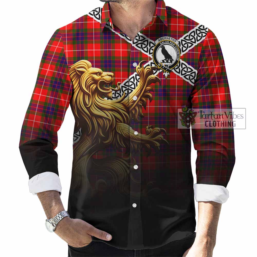 Abernethy Crest Tartan Long Sleeve Button Shirt with Golden Lion Emblem Celtic Style - Tartan Vibes Clothing