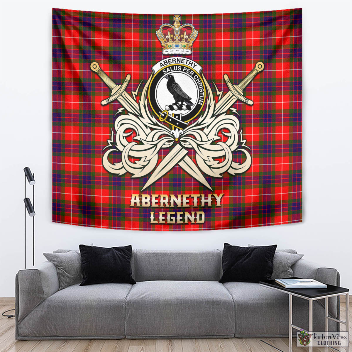 Tartan Vibes Clothing Abernethy Tartan Tapestry with Clan Crest and the Golden Sword of Courageous Legacy