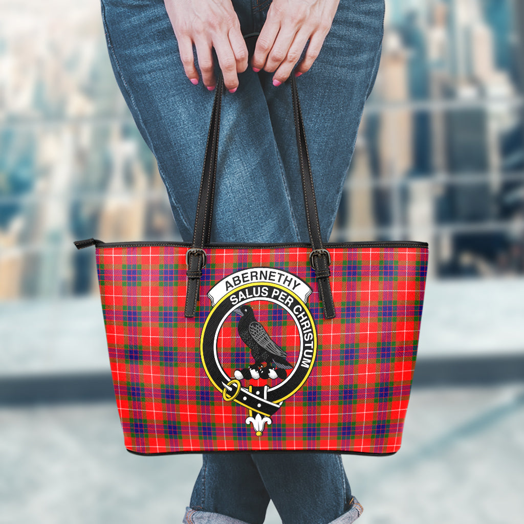 Abernethy Tartan Leather Tote Bag with Family Crest - Tartanvibesclothing