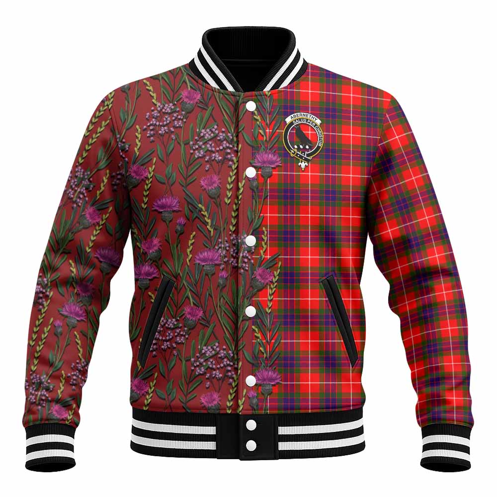 Abernethy Family Crest Tartan Baseball Jacket Scottish Thistle Flower Pattern Half Style - Tartan Vibes Clothing